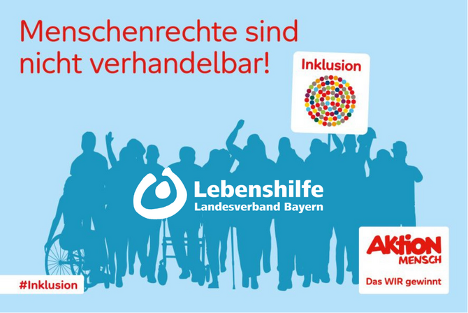 Bildmotiv der Aktion Mensch mit Logo des Lebenshilfe-Landesverbandes Bayern.